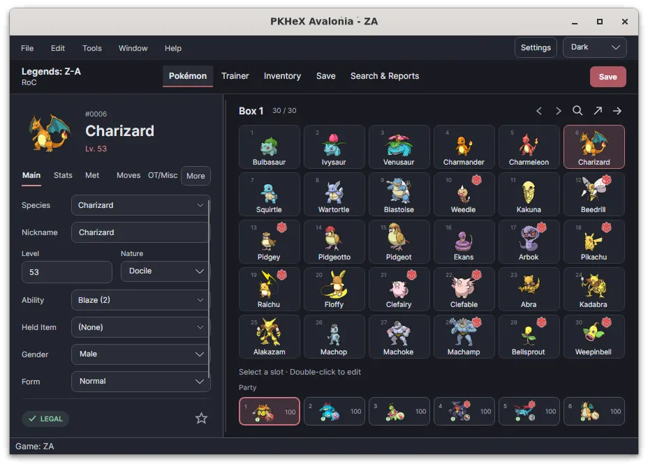 Pokémon editor and storage box with a Pokémon Legends: Z-A save