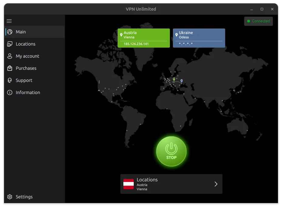 Connected, with the chosen server shown on the map