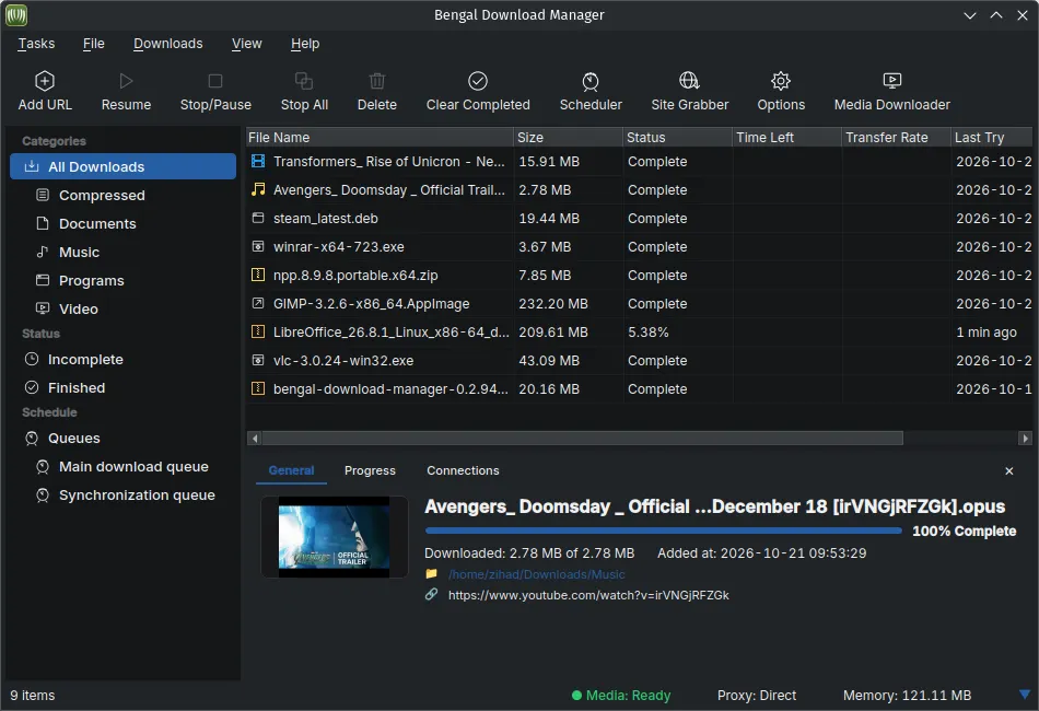 Bengal Download Manager in dark mode