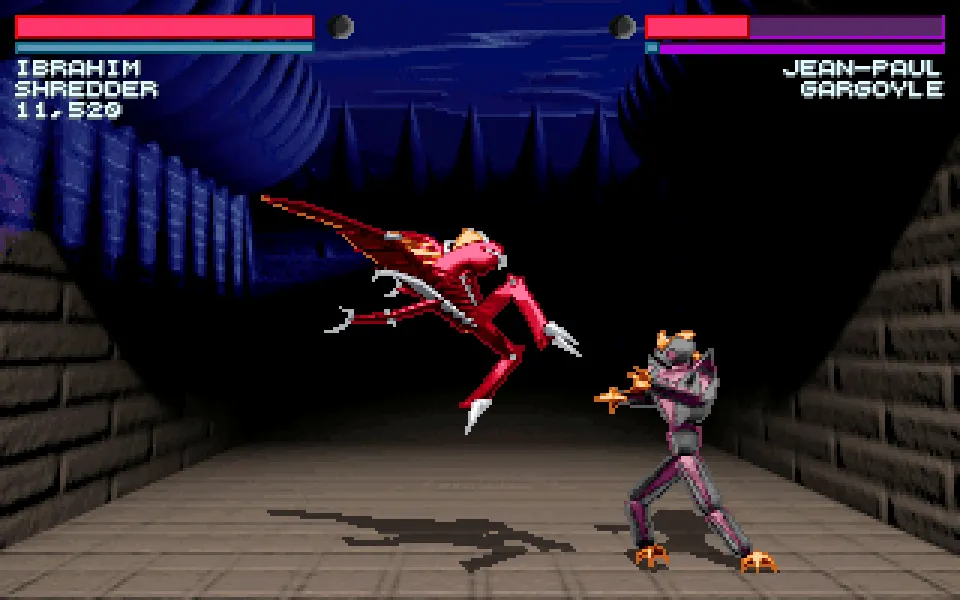Jean-Paul, piloting a Gargoyle, is jump kicking a Shredder, piloted by Ibrahim in the Danger Room arena.