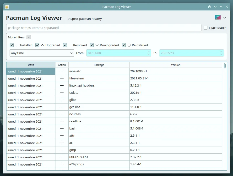 Pacman Log Viewer: main window