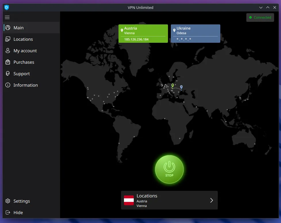 Connected, with the chosen server shown on the map