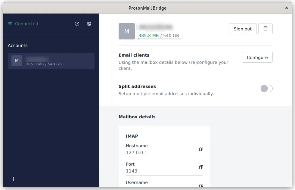 Proton Mail Bridge main screen.