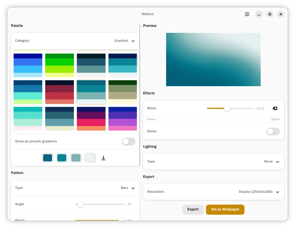 Wallrus main window showing palette selection, pattern controls, and live preview